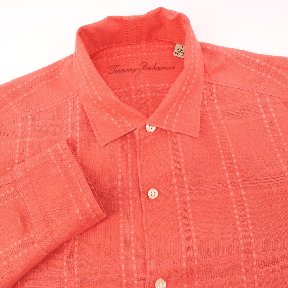 Tommy Bahama‎ Linen Orange Peach Linen Button Down Long Sleeve Shirt Mens Large
